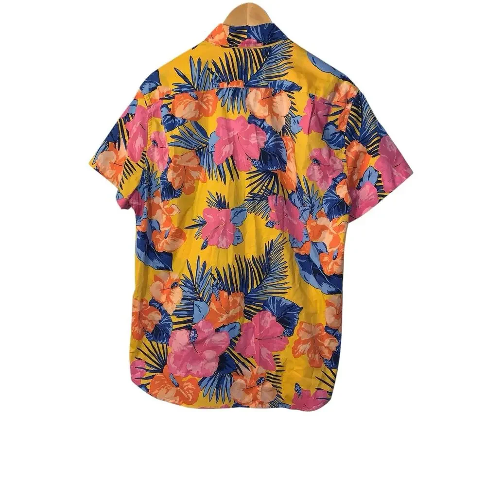 J Crew Slim Flex Washed short sleeve Hawaiian Floral button shirt Mens sz Large